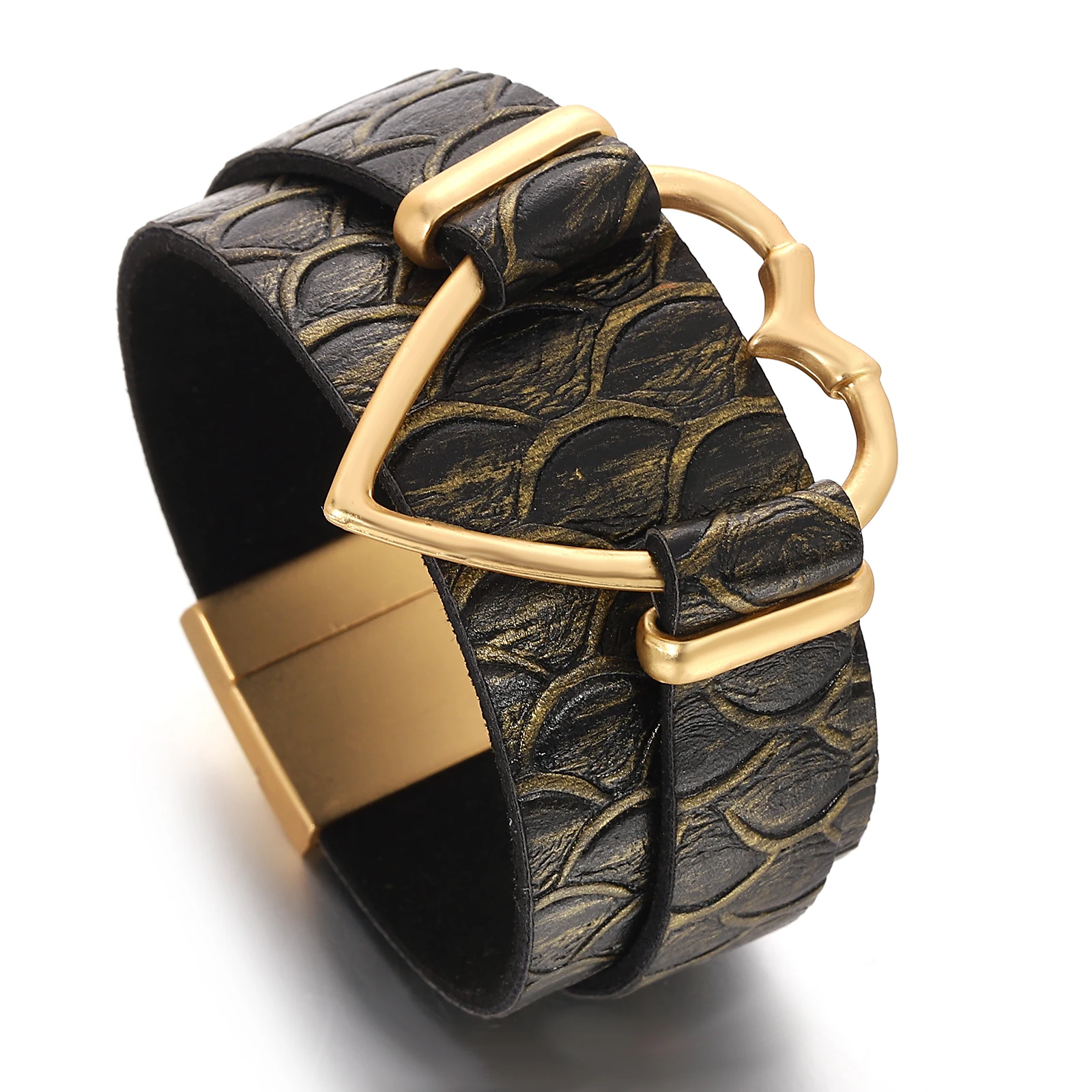 

Amorcome Vintage Hollowed Big Heart Snake Skin Patterned Leather Bracelet For Women Multilayer Wrap Wide Bangle Delicate Jewelry
