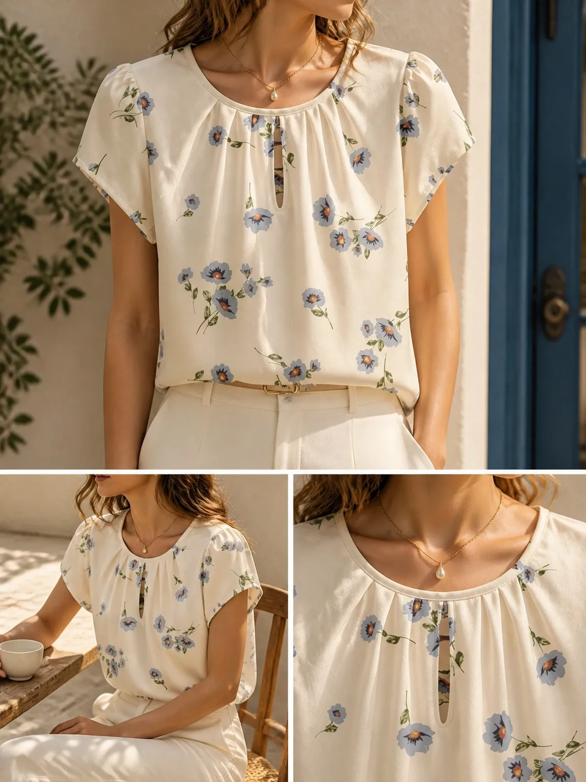 Women Gathered Round Neck T Shirt, Front Keyhole Cutout Puff Short Sleeve Loose Casual Tee