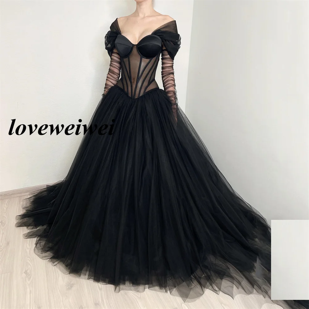 Sexy schwarze gotische Hochzeits kleid aus Schulter Korsett Abendkleider Tüll eine Linie bodenlangen Brautkleid vestido de novia