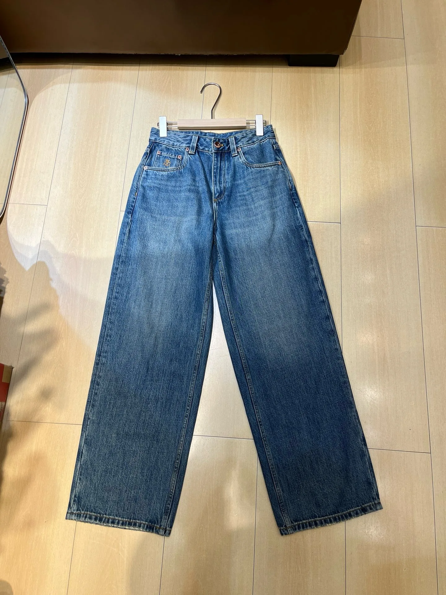 Retro Washed Denim Wide Leg Pants Women High Rise Relaxed Fit Embroidered Jeans