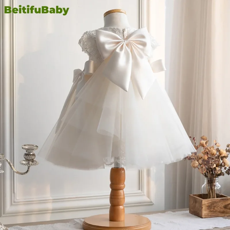 BeitifuBaby vestido de fiesta de estilo chino para niños, falda de encaje con lazo de manga corta, vestido de baile de banquete, vestidos de niña de flores para boda