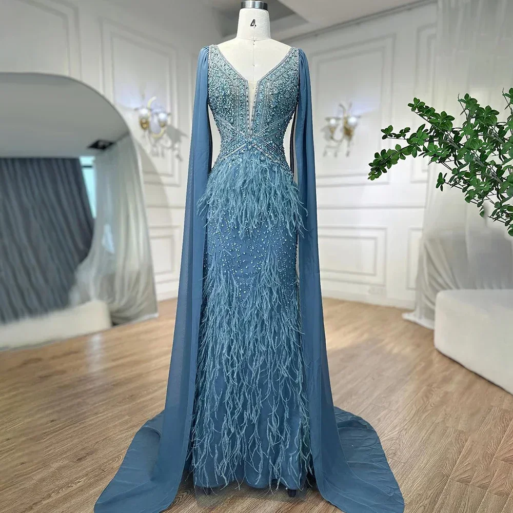 Serene Hill Arabic Blue Mermaid  With Cape  Beaded Feather  Evening Dresses Gowns  LA71583B Customized