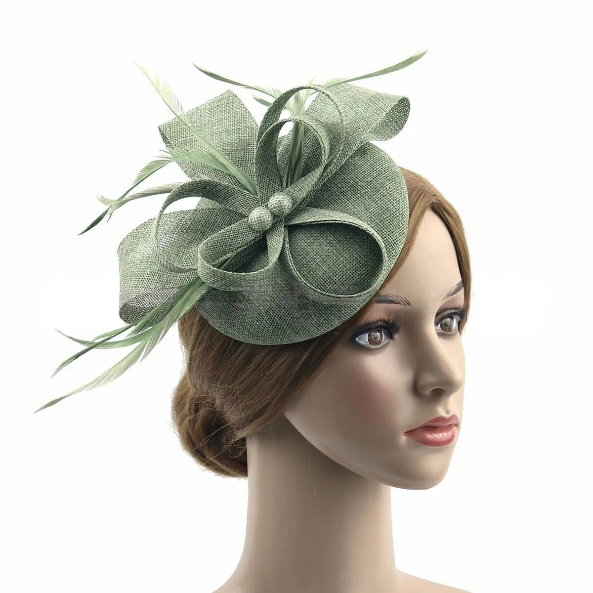 European Bride Headpiece Teardrop Sinamay Loop Veil and Feather Fascinator Formal Hat Kentucky Derby Church Headpiece