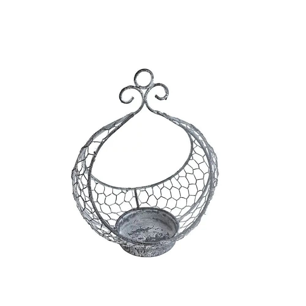 Rustic Gray Wire Mesh Egg-Shaped Wall Hanging Planter Basket, Japanese ZAKKA Style, Hand-Woven Iron with Decorative Scroll Top,