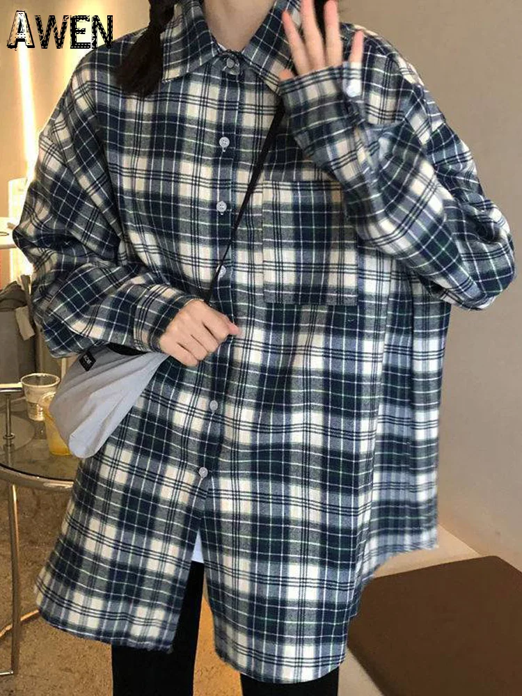 Awen Loose Oversized Plaid Shirts Korean Chic Checked Cardigan Blouses and Tops 2022 New Cotton Checked Lady Casual Outwear