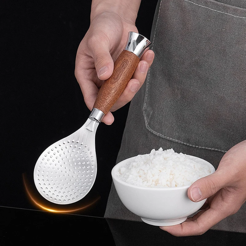 Stainless Steel Rice Spoon Non-Stick Rice Paddle Standing Design Wood Handle Metal Spoon Food Serving Spoon Kitchen Tableware