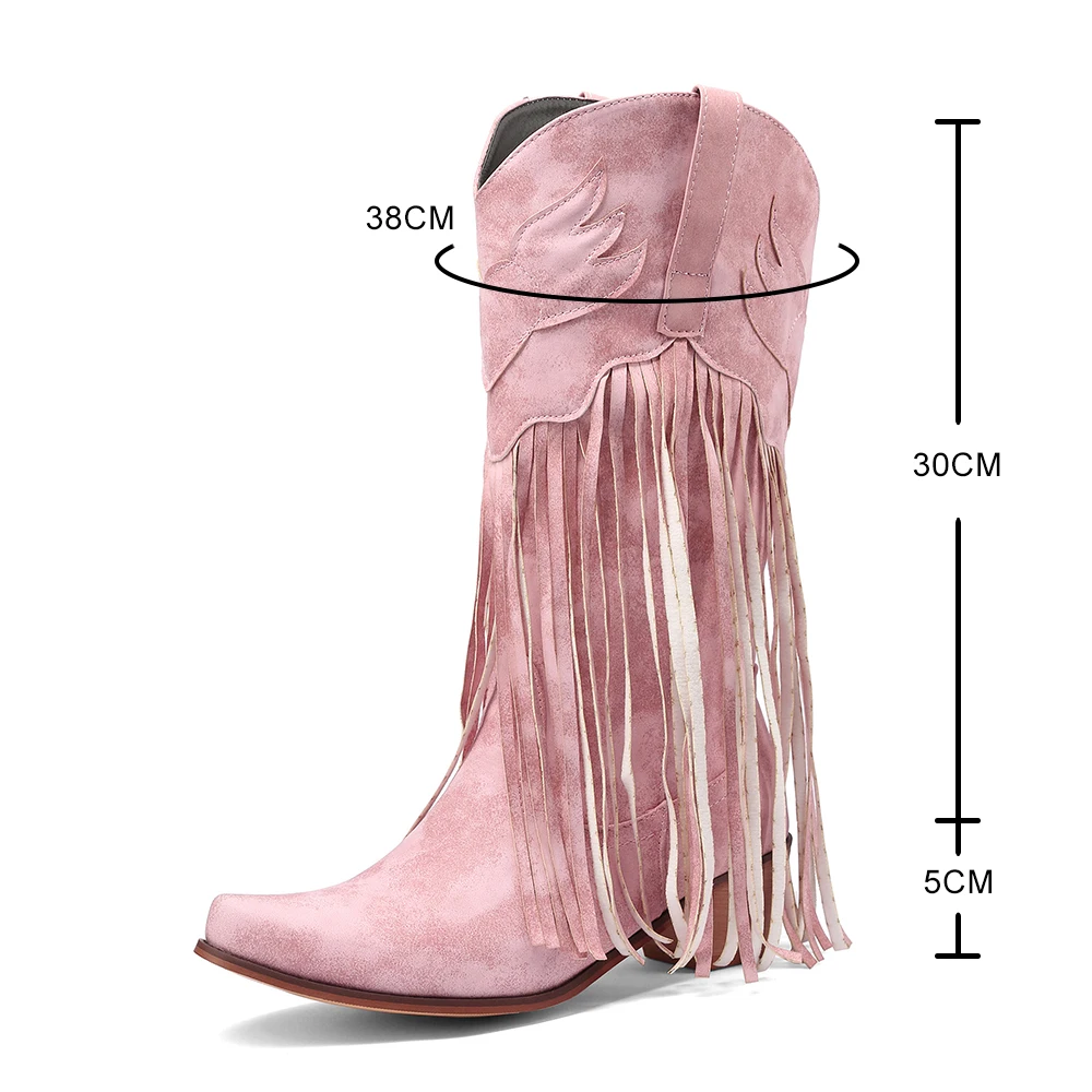 Women Mid-calf Cowboy Boots Retro Leather Tassel High Western Botas Winter Pointed Chunky Heels Booties Fashion Ladies Shoes