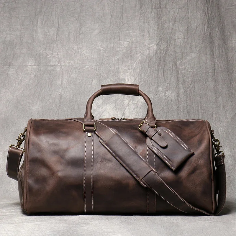 

Men's Leather Travel Bag Vintage Brown Cowhide Luggage Man Carry On Handbag Weekender Duffle with Shoe Compartment