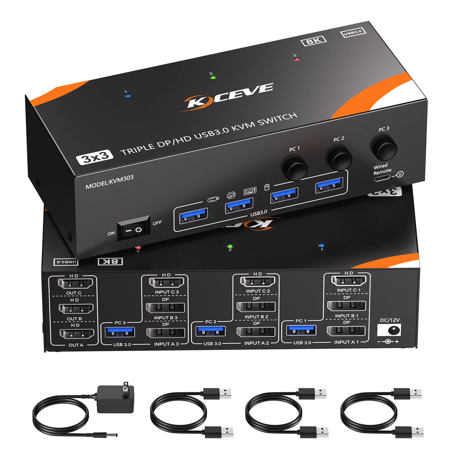 KCEVE KVM Switch 3 Monitors 3 Computers 8K@60Hz/4K@120Hz HDMI DP KVM Switches for 3 PC Sharing Triple Monitor and Keyboard Mouse