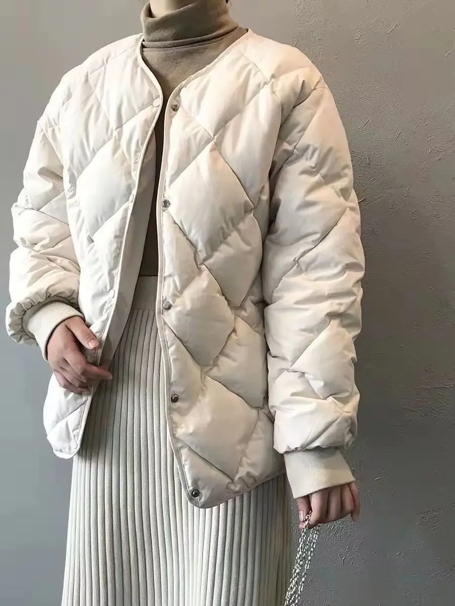 Women's cotton-padded jacket loose diamond round neck warm casual parka down jacket short loose cotton style cotton jacket