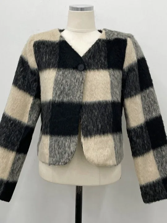 Retro V-Ne Plaid Woolen Coat Women Chic Winter Cotton Lined ort Design Suitabili for All Ages And Body pes