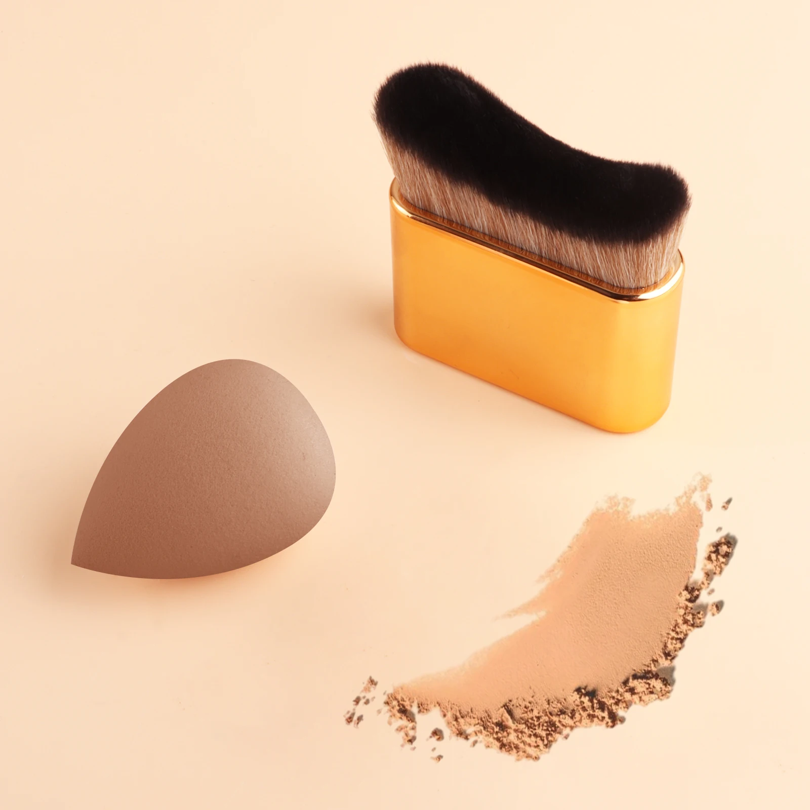  Curved Foundation Brush with Makeup Sponge, Multi-Functional Body & Face Contour Brush