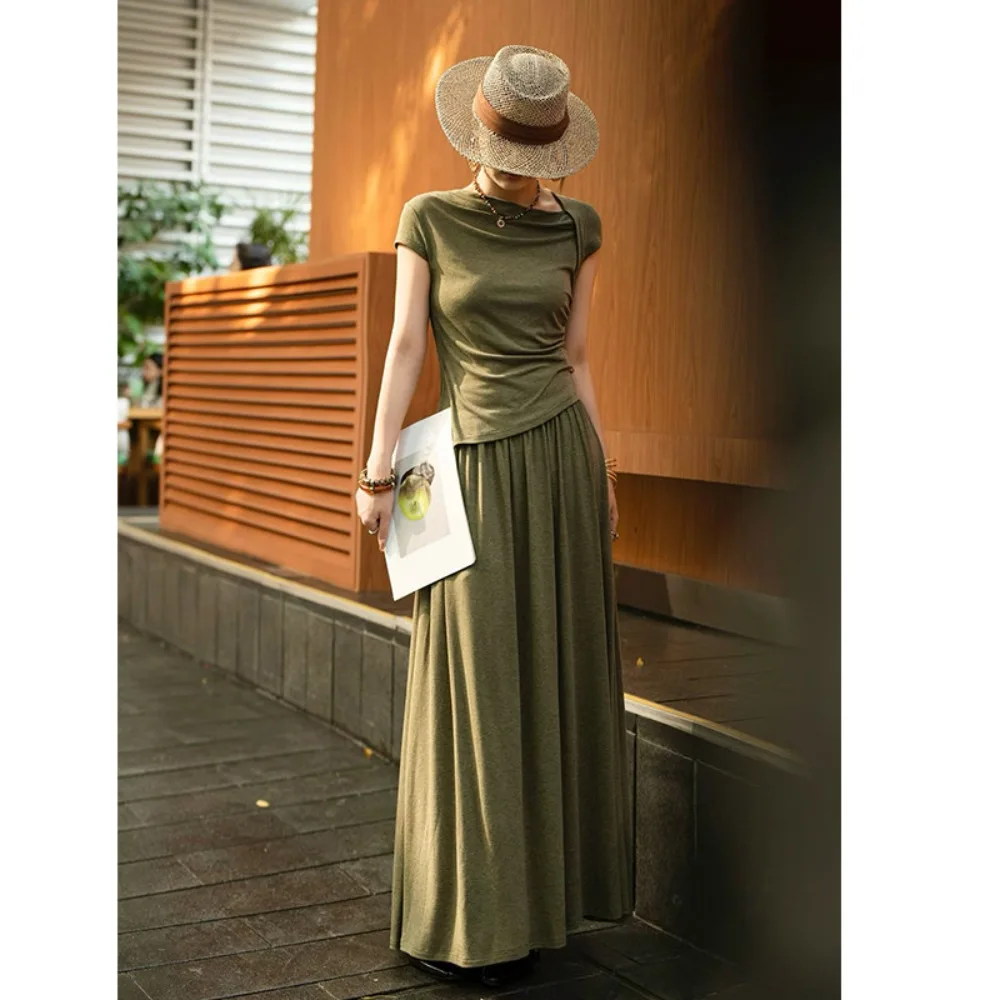 2026 Summer New Slim Fit Pleated Top and Pleated Skirt Two-Piece Set Off-Shoulder T-Shirt Suit for Women