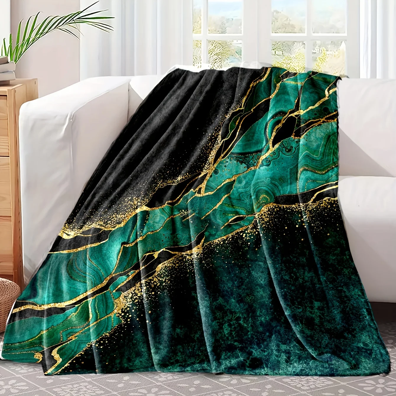 Luxury Boho Flannel Blanket – Cyan Gold & Black Marble Print, Soft Cozy Throw for Bedroom Living Room or Sofa