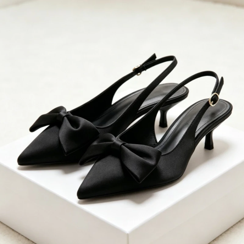 

Bow Slingback Heeled Sandals Women Pointed Toe Mules Shoes Low Heel Elegant Dress Shoes Black Designer Pumps Heels for Ladies