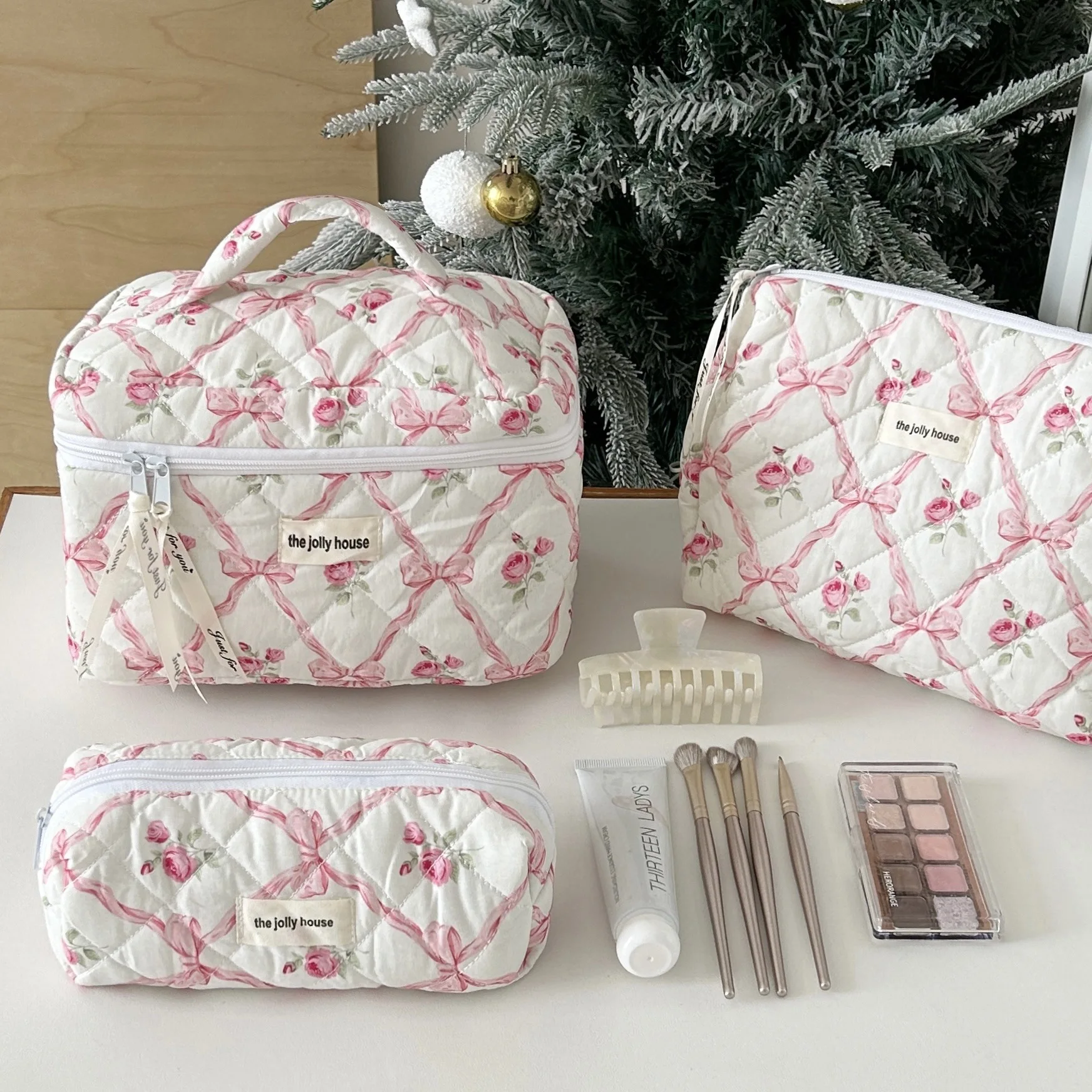 Cute Bow Flower Quilting Cotton Makeup Bag Women Zipper Cosmetic Organizer Female Cloth Handbag Portable Toiletry Case for Girls
