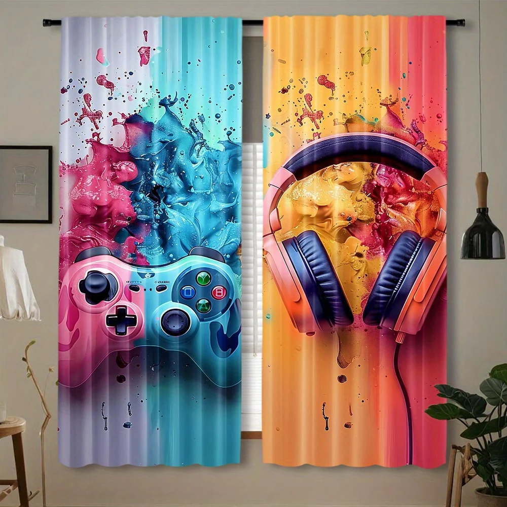 Gaming Controller Curtains, Colorful Headphone Print Blackout Drapes, E-sports Theme Decor for Boys Bedroom Living Room Window
