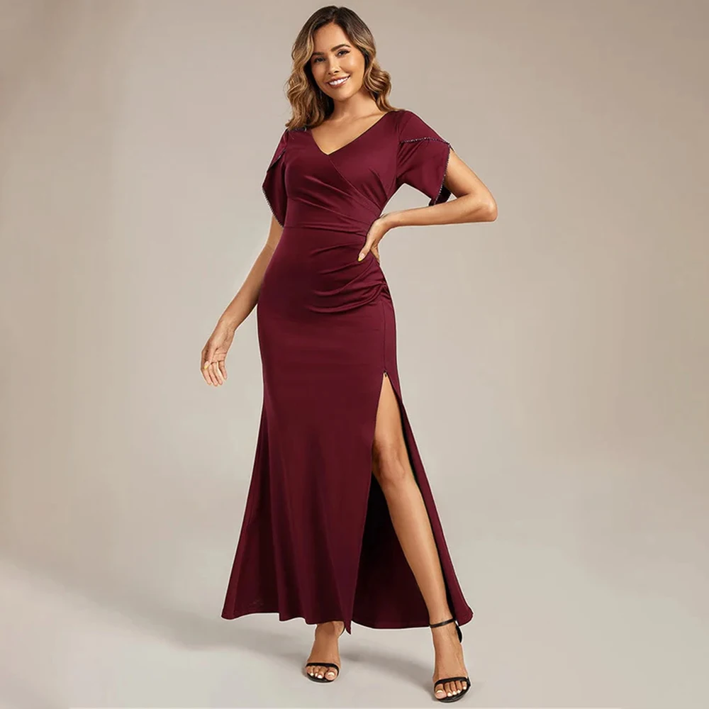 

Women's Formal Evening Gowns Elegant V-Neck Short Sleeve Evening Dresses Side Split Formal Party Gowns for Wedding Prom Cocktail