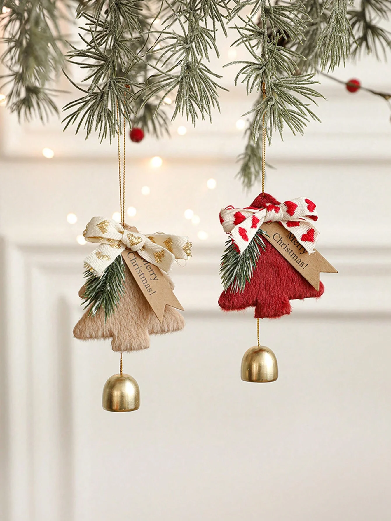 Festive Christmas Car Ornament, Plush Tree, Gold Bell & Bow, Cute Holiday Hanging Decoration, Car Rearview Mirror, Home, Door, P