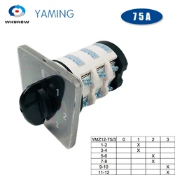 75A Cam Switch Silver Contact 0-3 Position 3 Poles Level Rotary Changeover Switches 12 Terminals YMZ12-75/3