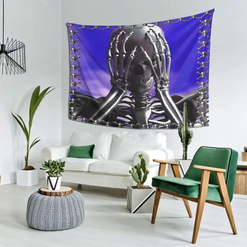 VIKAMA Y2K Gothic Skeleton Tapestry Metal Skull Chain Frame Dark Cool Smooth Fabric For Rock Cave Bedroom Wall Decor