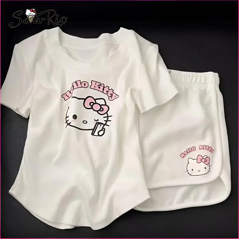 Sanrio Hello Kitty Shorts Set Y2K Summer Slim Short Sportswear Ladies\' Tops Short Sleeve Shorts 2024 Woman Homewear Sets