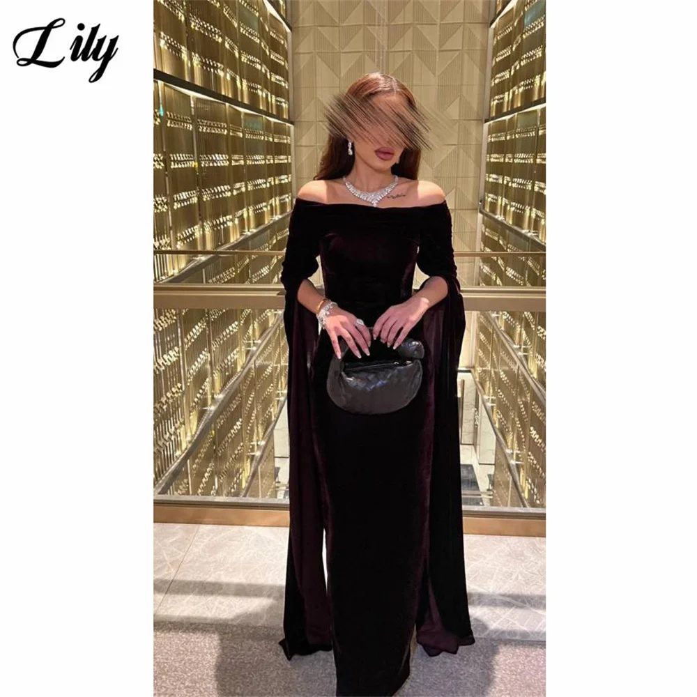 

Lily Dark Purple فساتين مناسبة رسمية Off Shoulder Velvet Formal Dress Draped Long Sleeves Party Gown Customized