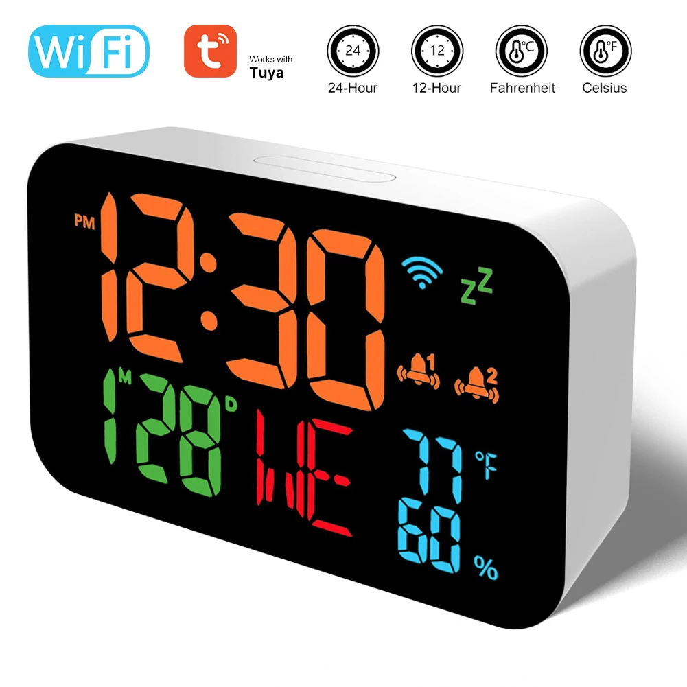 Tuya WiFi Desktop Electronic clock Calendar Intelligent Thermometer Hygrometer with Digital LED Display for Home Office School