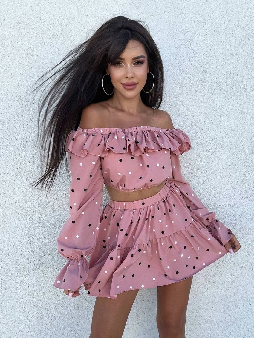 Marthaqiqi Polka Dots Women Pajamas Set Long Sleeve Nightie Slash Neck Sleepwear Crop Top Nightwear Short Skirt Nightgowns Suit