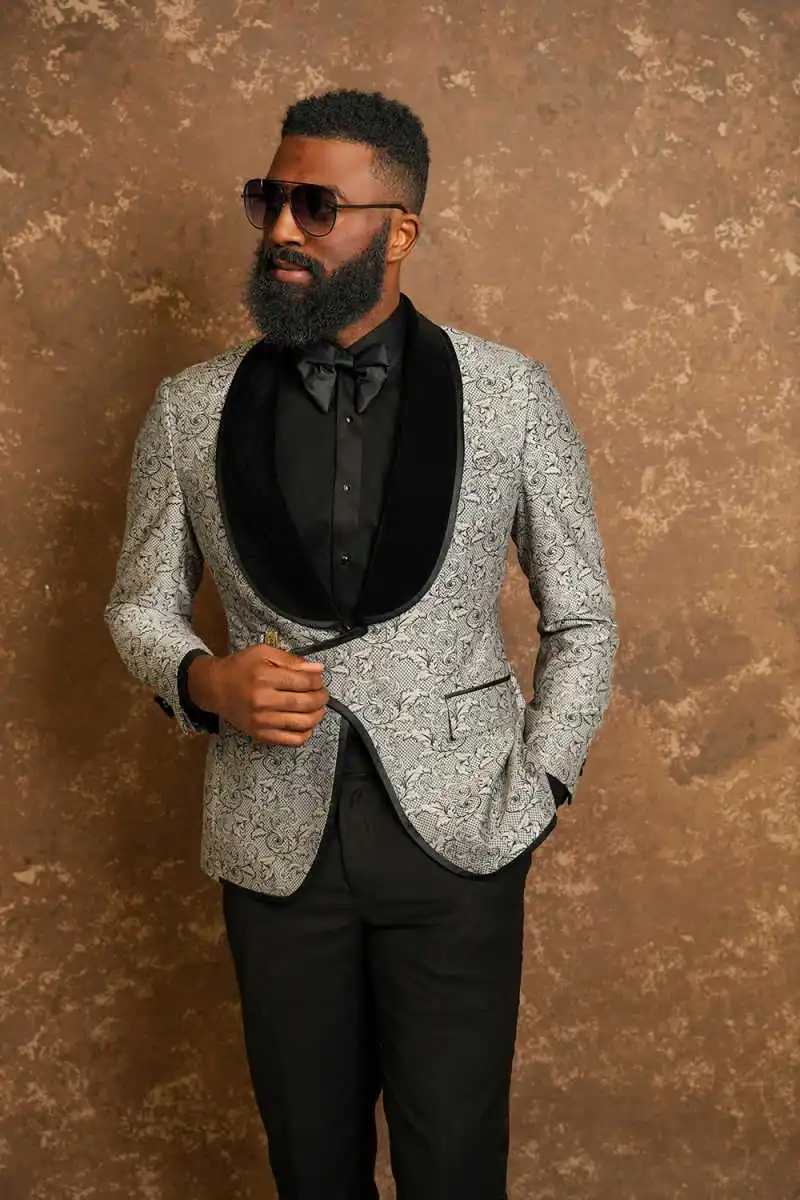 패션 자카드 남성 웨딩 턱시도 숄 라펠 재킷 블레이저 루즈핏 비즈니스 행사 파티 2피스 맞춤 제작