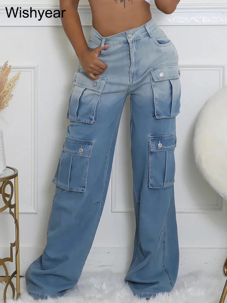 Gradient Black Multi Pockets Denim Wide Leg Cargo Pants Fashion Women High Waist Straight Baggy Jeans Street Boyfriend Trousers