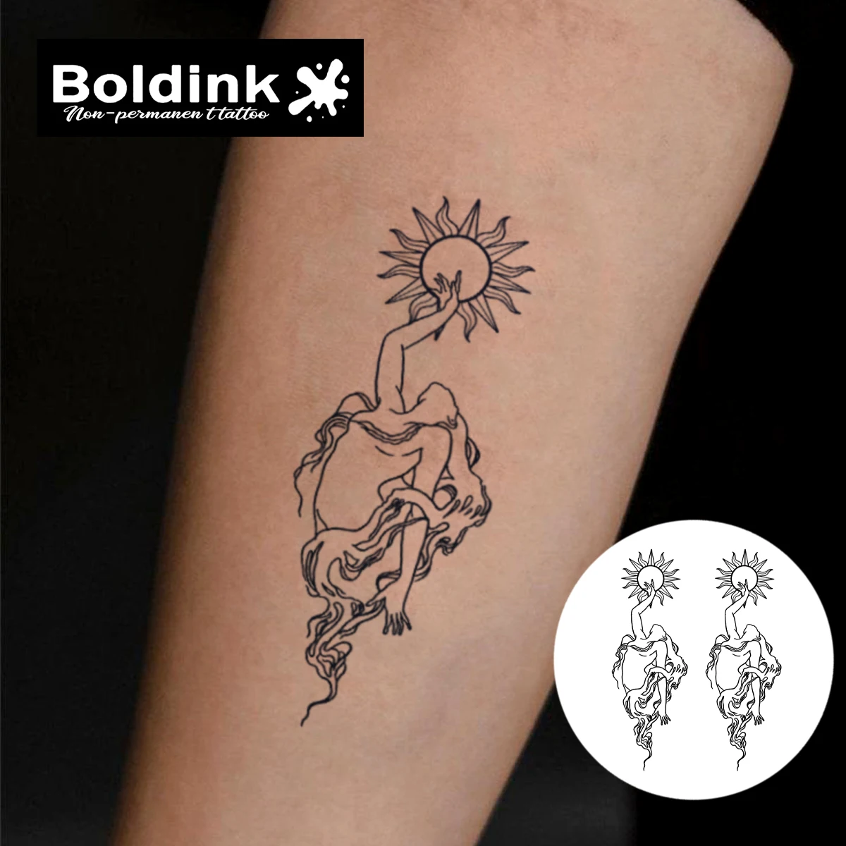 Boldink Sun Goddess Mirror Design Temporary Tattoo,Lasts To 15 Days New Technology Magic Waterproof Semi Permanent Sticker.