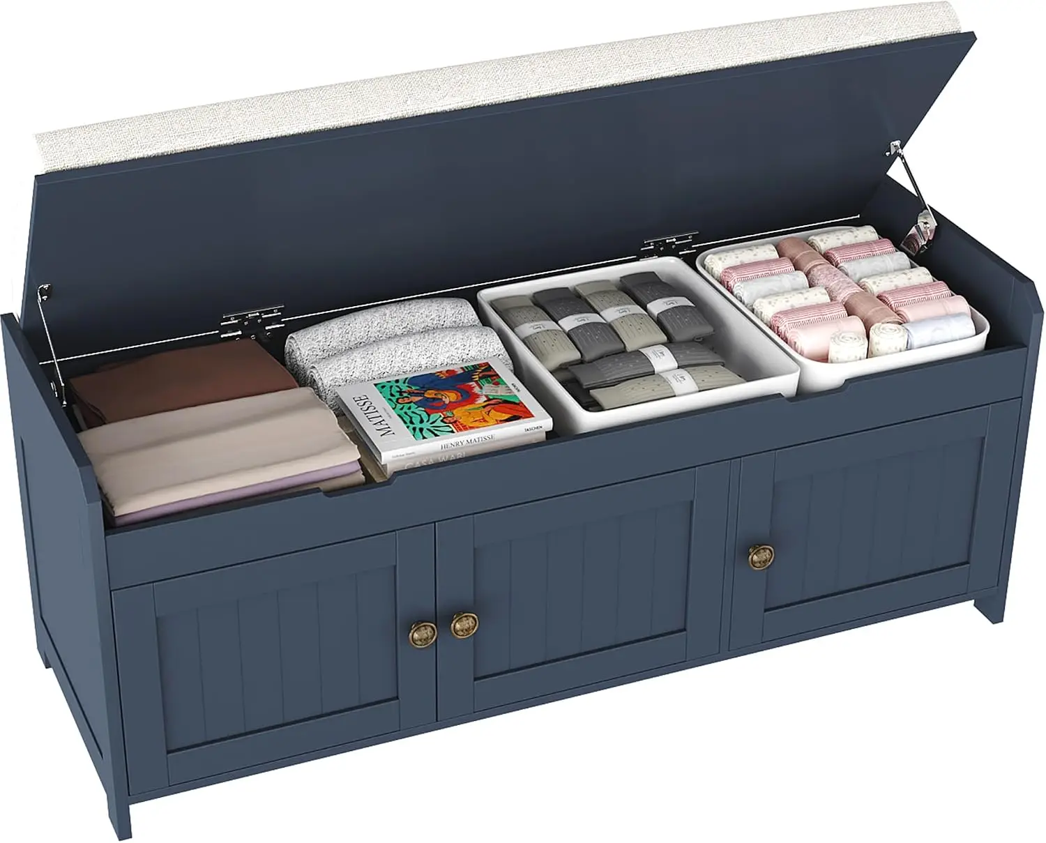 41 Inch Shoe Bench Storage Organizer Unit Container Box Rack Tray With Lift Top Cushioned Seat Wooden End Of Bed Bench Hidden Storage Space Blue