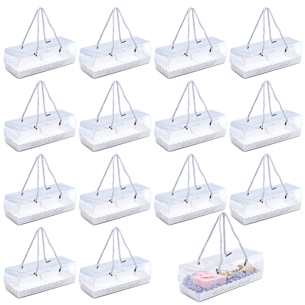 15 Pack Clear Roll Boxes Rectangle Transparent Cupcake Box Pumpkin Roll Containers with Sliver Rope Handle 8.4×3.1×3.1inch