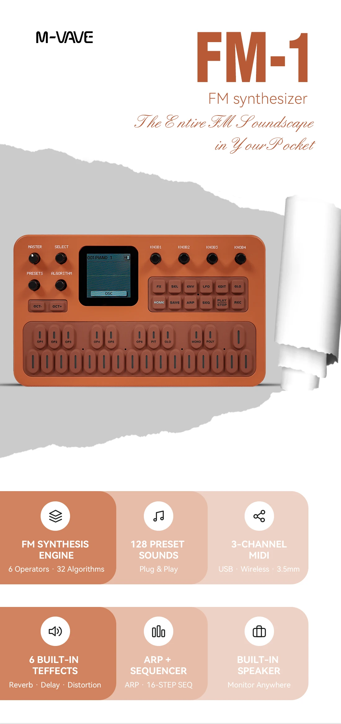 M-VAVE FM-1（SK15） Mini FM1 Synthesizer – 27 Keys, 3-Channel MIDI, 12h Battery, TFT Display, Black/Grey/Purple/Orange/Navy/Green