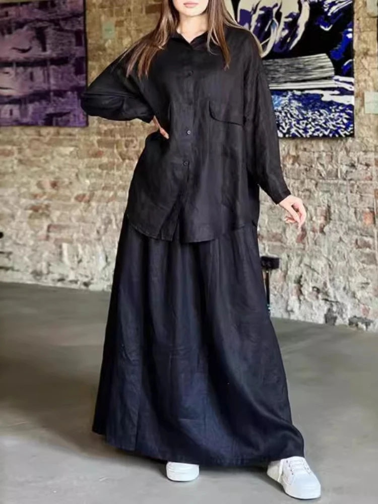 

2024 Autumn Fashion New Women's Cotton and Hemp Series Two Piece Set with Collar and Single Breasted Shirt Half Skirt Set