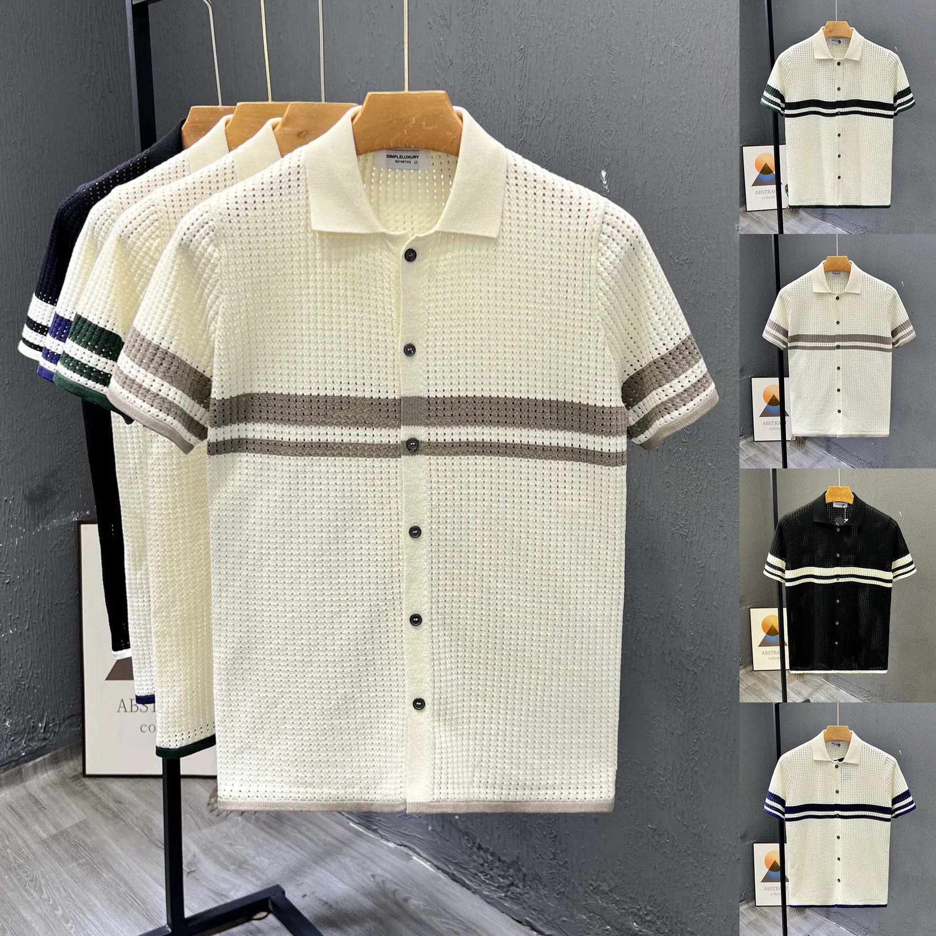 

Мужская вязаная рубашка-поло с коротким рукавом, полосатый кардиган в стиле Old Money, повседневная футболка, летняя мужская одежда