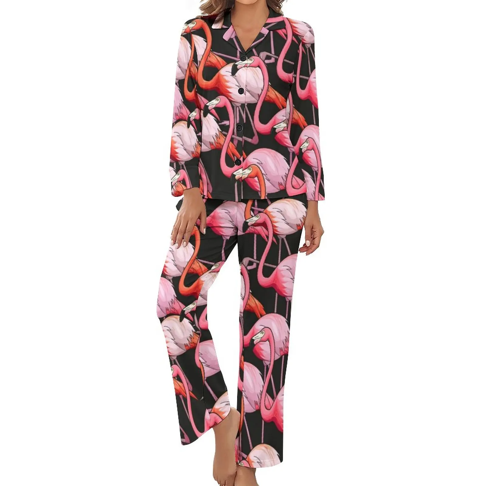 

Tropical Flamingo Pajamas Womens Colorful Bird Print Kawaii Home Suit Long-Sleeve Two Piece Sleep V Neck Custom Pajamas Set