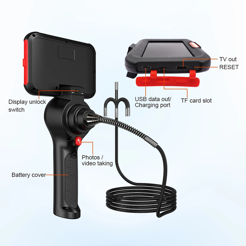 Industrial Endoscope Camera 2MP 3.9mm 1m Flexible Cable 720° Universal 4-Ways Rotation 5Inch Screen Borescope Inspection Camera