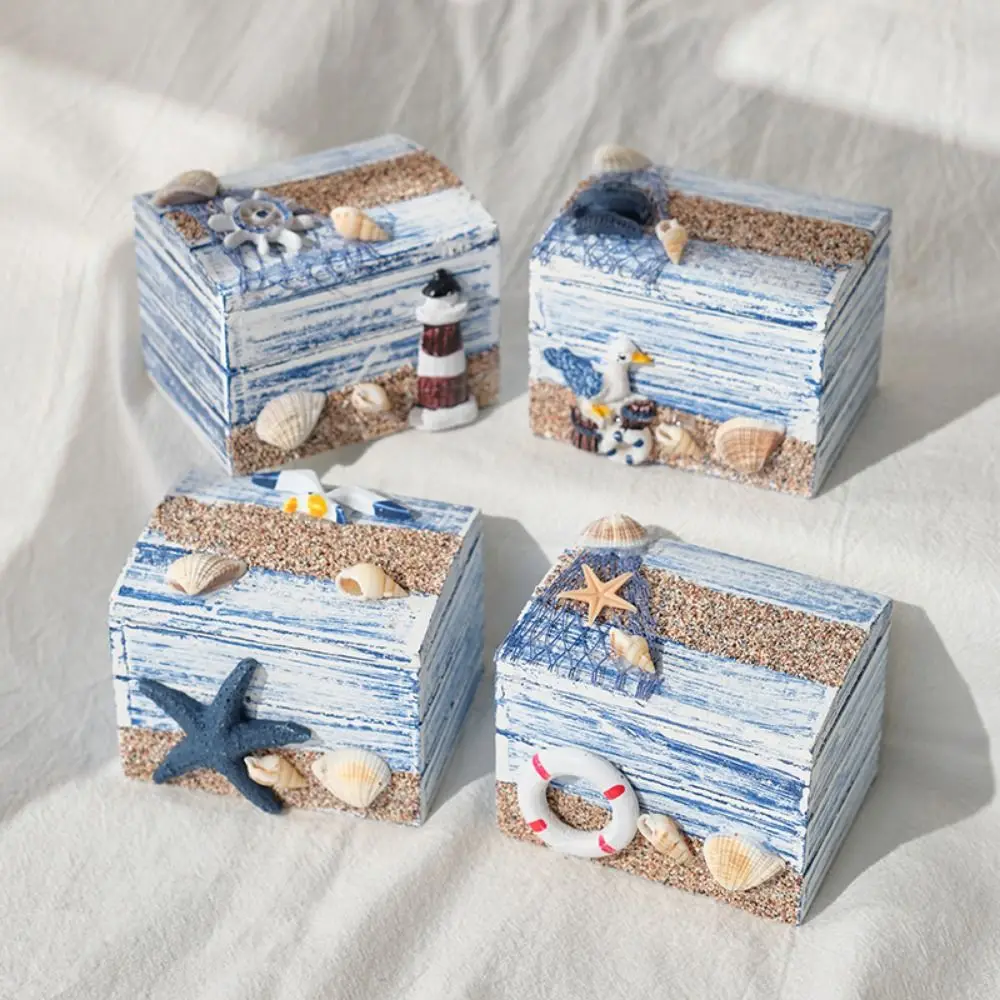 Creative Ocean Style Seashells Wooden Box Density Board Decorative Beach Box Ornaments Small Jewelry Storage Box Table