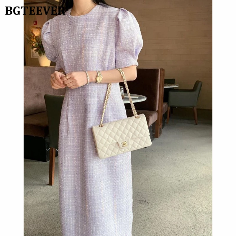 BGTEEVER Fashion Straight Long Dress Women Elegant O-neck Puff Sleeve Women Dress Summer Ladies Vestidos