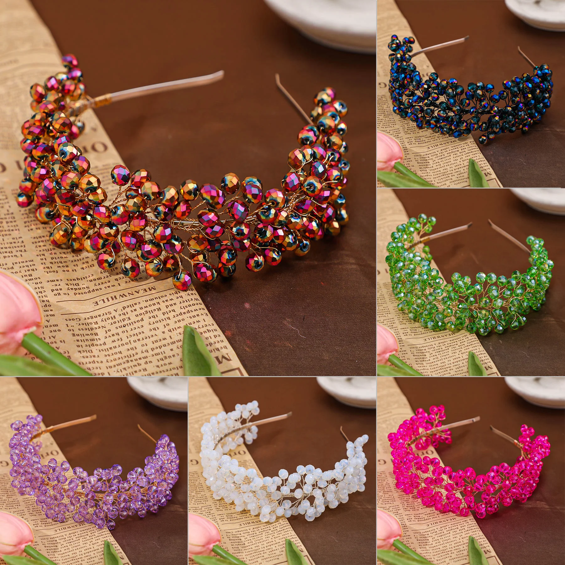 

Trendy Crystal Bridal Crown Headband Party Handmade Red Headpiece Tiaras Silver Blue Wedding Hair Accessories Black Headdress