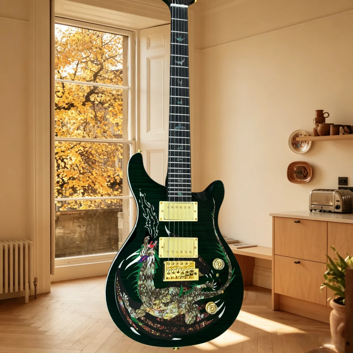 Verstellbare Brücke, Green Dragon Gitarre, Hals aus Palisanderholz, HH-Tonabnehmer, geeignet für verschiedene Anwendungsbereiche und Auftritte.