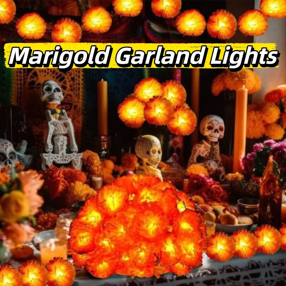 Battery Powered/Solar Powered Marigold Garland Lights Warm Light Orange Halloween Marigold Led Lights for 10LED/30LED