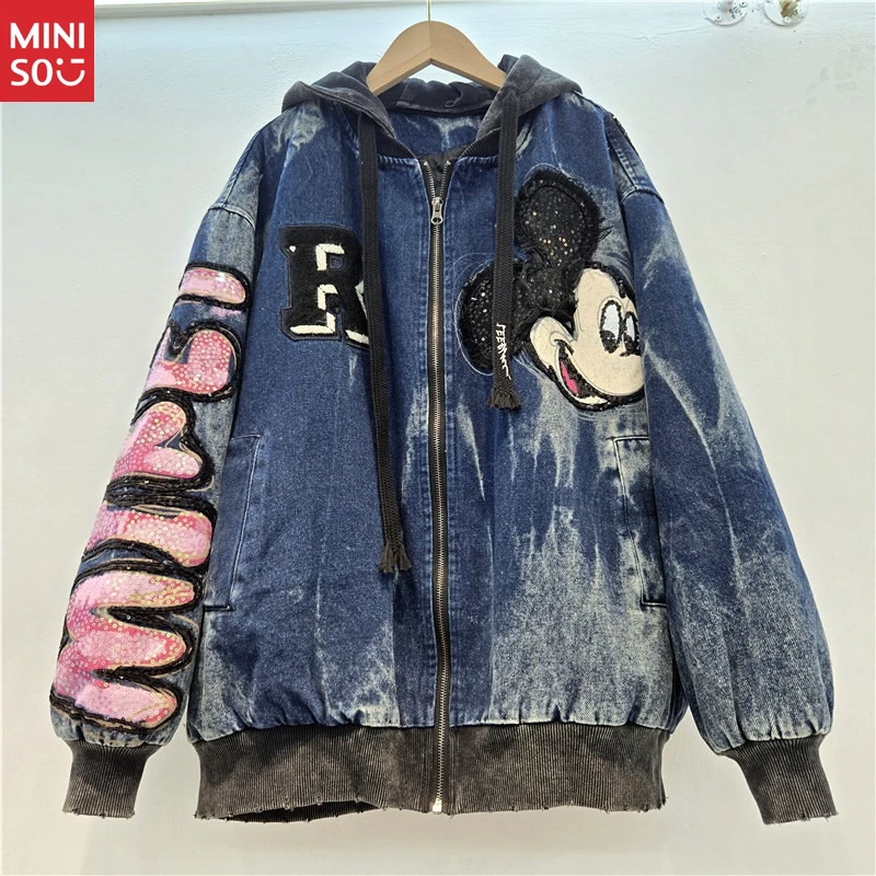 

Disney Distressed Hooded Coat, 2025 Vintage Padded Jacket with Sequins