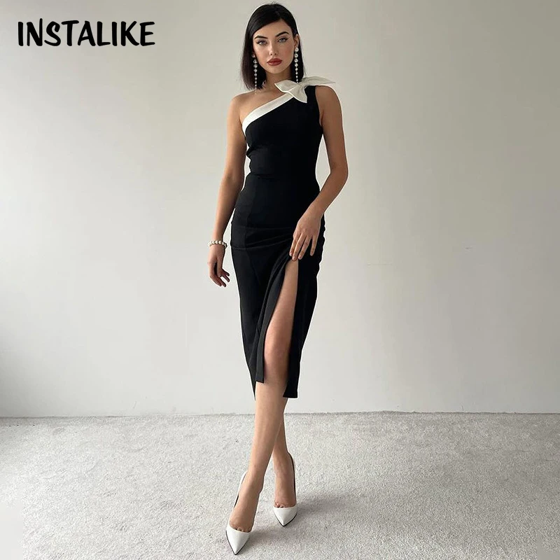 

InsLike-Sleeveless One Shoulder Midi Dress for Women, Sexy Bow Patchwork Bodycon Dress, Summer Party Event, Luxury Clubwear