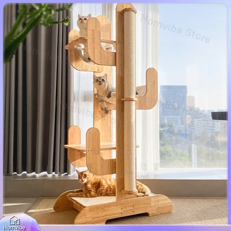 Cactus Cat Tree Solid Wood Multi Functional Vertical Climbing Frame 3D Interactive Toy Furniture for Indoor Cats Large