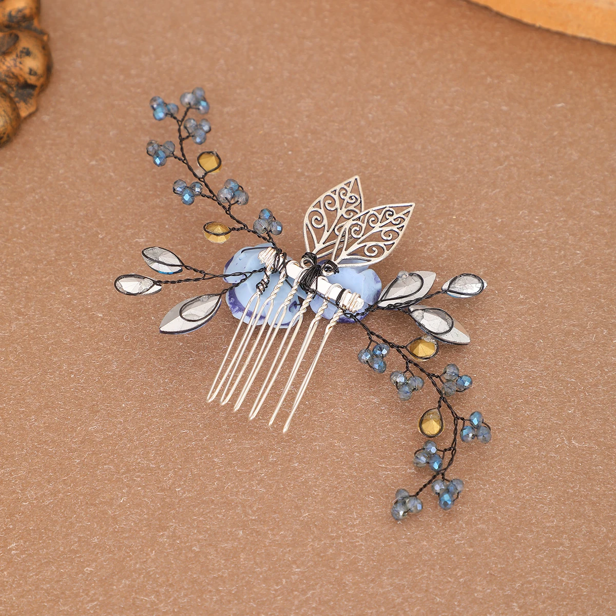 Blue Purple Ceramic Rose Hair Comb  Crystal Bead Wire Vine Leaf Hair Pins  Vintage Bridal Wedding Hair Accessories image 6