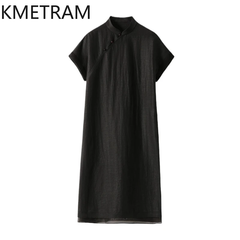 KMETRAM High-end Xiangyunsha Silk Dress for Women 2024 New Chinese Style Buttoned Skirt Summer Cracks Small Black Dresses