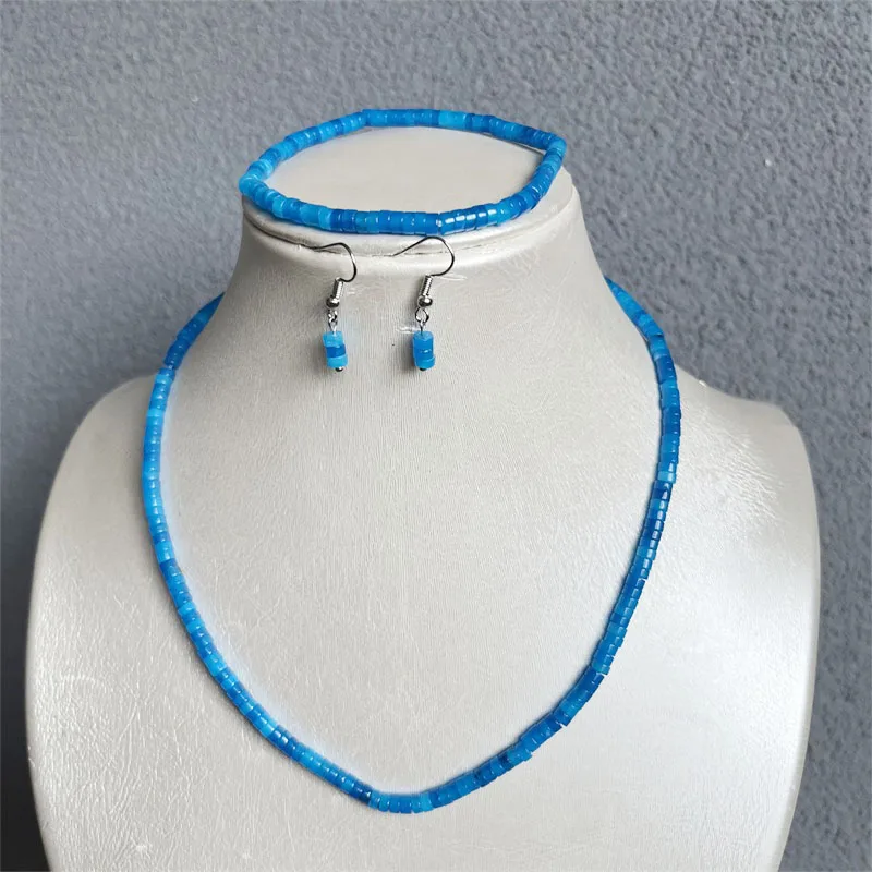 Heishi 2*4MM set perhiasan batu alam giok biru laut manik-manik kalung anting gelang rantai Choker desain trendi pernikahan